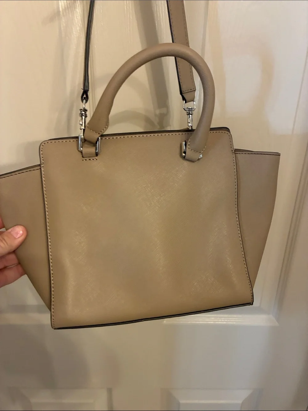 Karl Lagerfeld Taupe Saffiano Leather Satchel with Detachable Strap